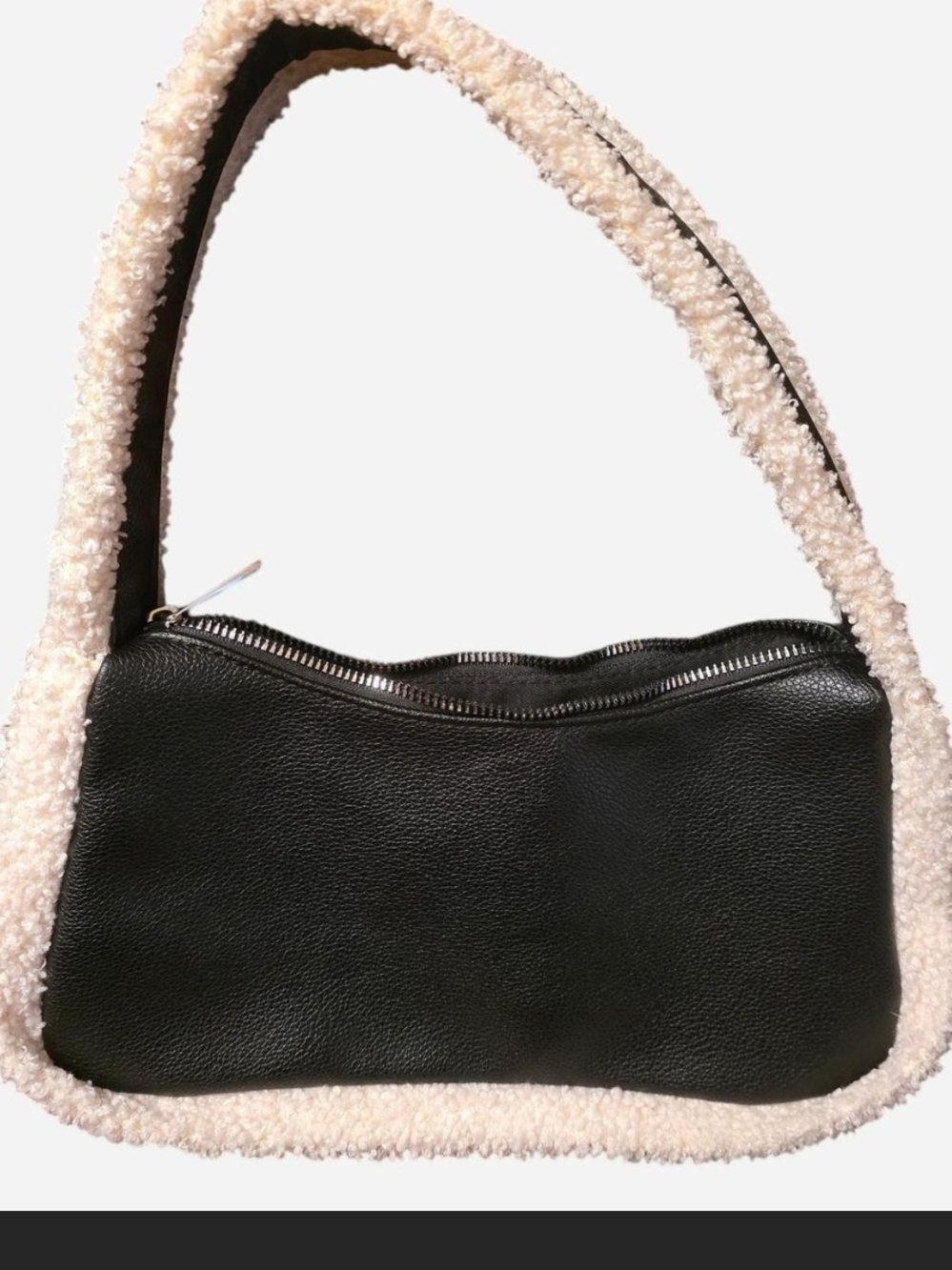 Forever 21 Black Shoulder Bag with Cream Shearling Trim